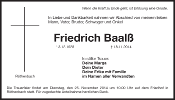 Traueranzeige von Friedrich Baalß von Pegnitz-Zeitung